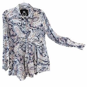 Cino Giovani blue paisley button front flared tunic blouse medium 100% cotton